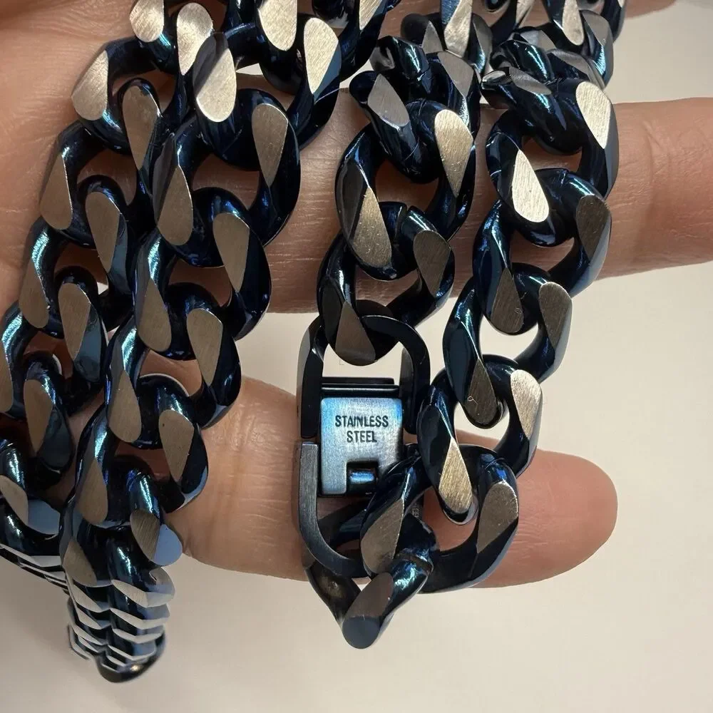 Men’s Solid Stainless Steel And Blue Ion Playing Chain Necklace 24”  109.57g